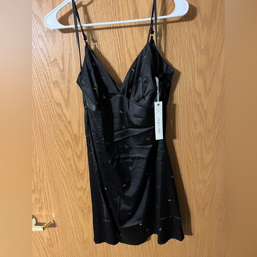 She + Sky Black Strapless Satin Slip Dress with Subtle Embellishments